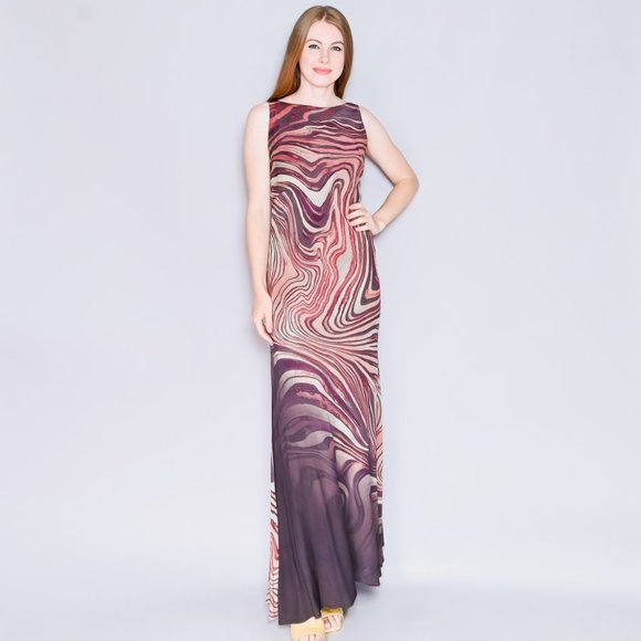 VINTAGE Unique 90s Swirly Stripes Geode Sleeveless Maxi Dress - Picture 8 of 8